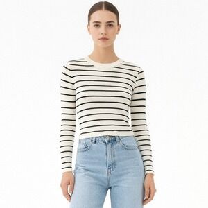 NWT‎ NA-KD Ribbed Knitted Crew Neck Top Womens Large Black White Stripe Nautical